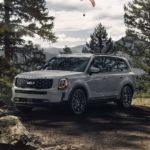 A grey 2022 Kia Telluride is shown parked on a mountain trail.