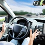 A woman is shown with her hands off of the steering wheel in a autonomous driving car.