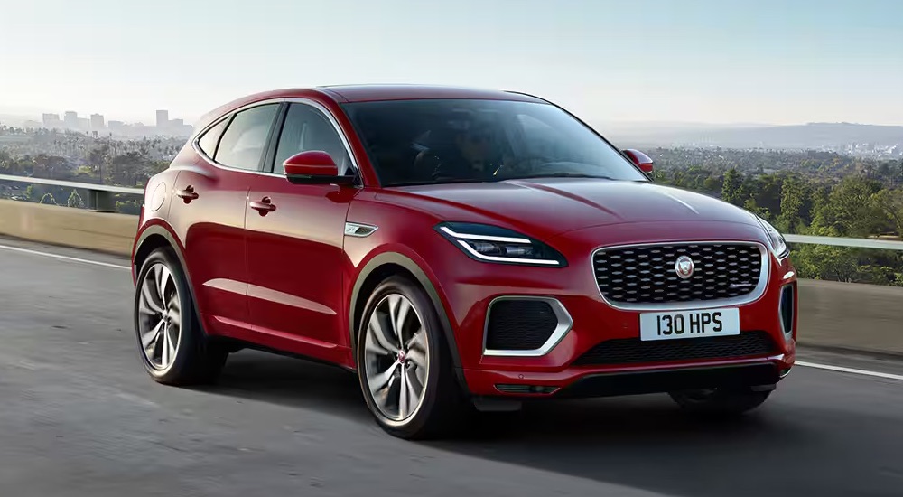 A red 2022 Jaguar E-Pace parked and angled right.