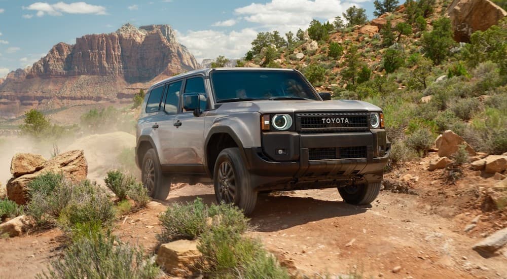 A silver 2024 Toyota Land Cruiser is shown from the front at an angle.