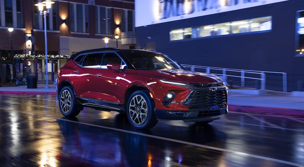 A red 2024 Chevy Blazer RS is shown from the front at an angle.