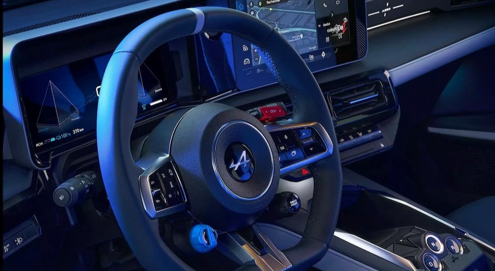 The blue tinted dash in a 2025 Alpine A290 Hatchback is shown.