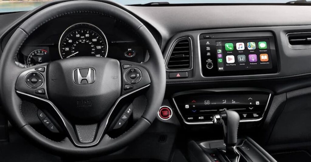 The black interior of a 2020 Honda HR-V is shown.