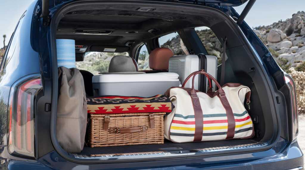 Luggage and bags in the rear cargo area of a 2024 Kia Telluride X-Pro.