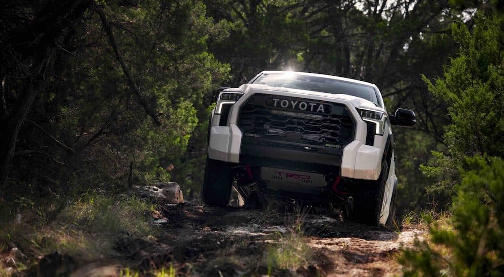 A white 2024 Toyota Tundra TRD Pro driving through a forest.