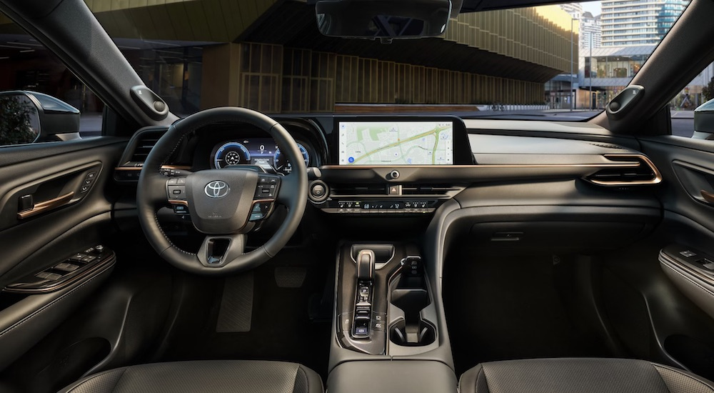 The black interior of a 2025 Toyota Crown Signia is shown from above the center console.