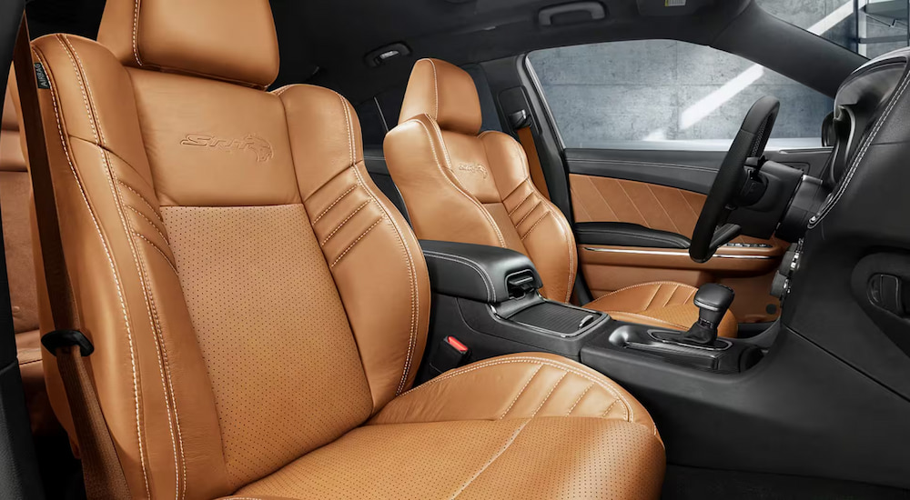 The brown leather front seats in a 2023 Dodge Charger SRT Hellcat.