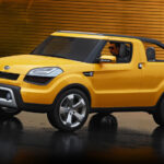 A yellow Kia Soul'ster, a concept car debuted in 2009.