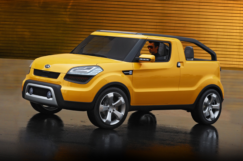 A yellow Kia Soul'ster, a concept car debuted in 2009.