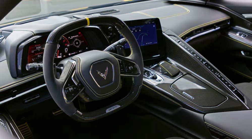 The gray and yellow interior and dash is shown in a 2025 Chevy Corvette ZR1.