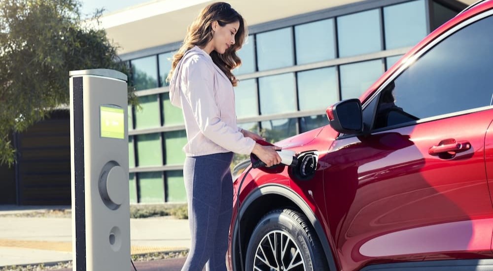 A person is shown charging a red 2025 Ford Escape PHEV.