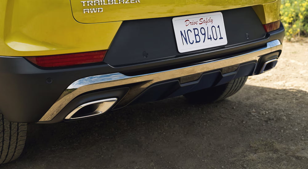 Close-up on the bumper of a yellow 2025 Chevy Trailblazer ACTIV.