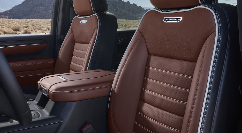 Leather front seats in a 2025 GMC Sierra 2500 HD Denali Ultimate.