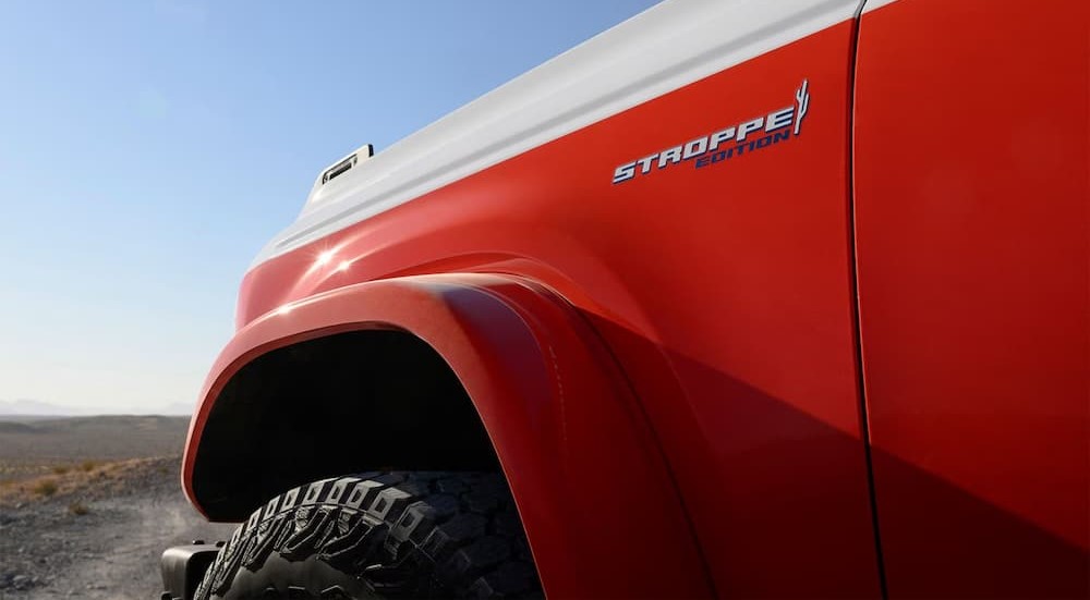 A close-up of the Stroppe Edition badge is shown on a red 2025 Ford Bronco Stroppe Special Edition package.