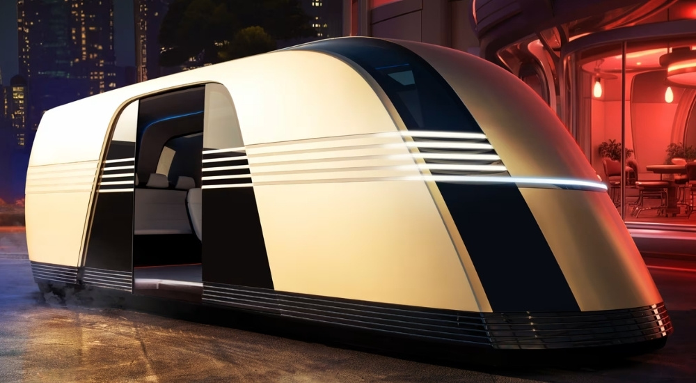 A gold and black 2025 Tesla Robovan prototype unveiled at the We, Robot event.