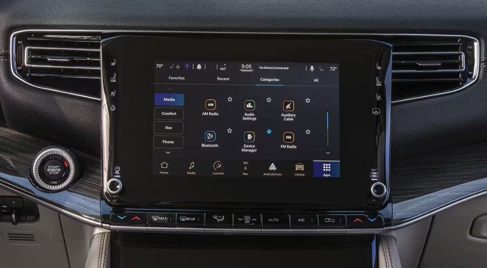 A close up shows the infotainment screen in a 2023 Jeep Wagoneer for sale.