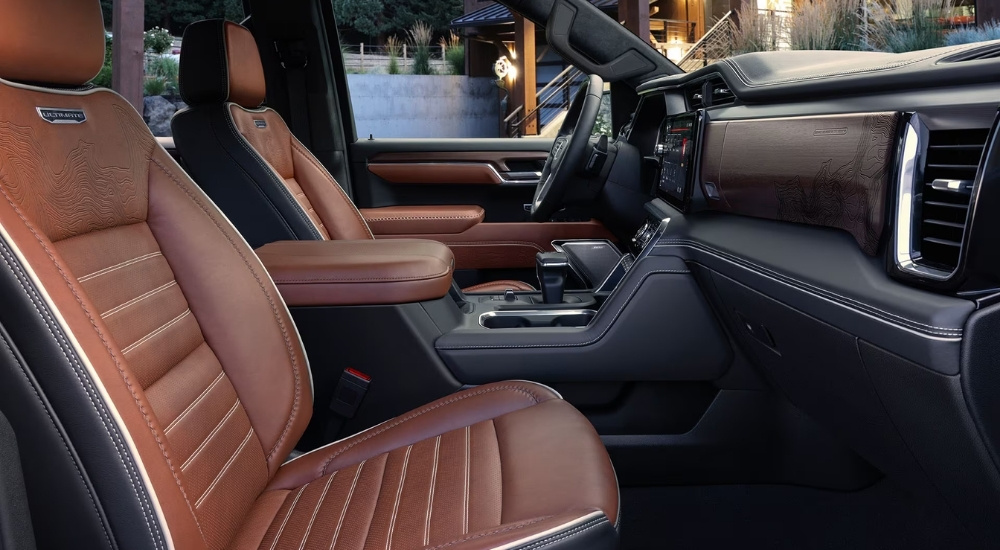 Brown leather upholstery in a 2025 GMC Sierra 1500 Denali Ultimate.