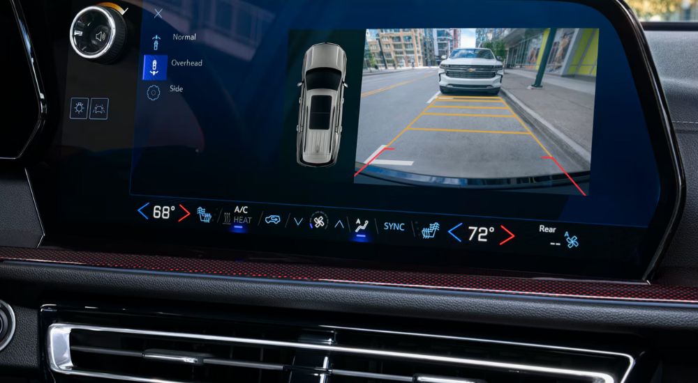 Close-up of the backup camera display in a 2025 Chevy Traverse at a Chevy dealer.