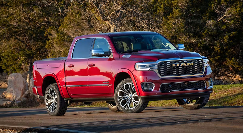 A 2025 Ram 1500 for sale is shown parked on a sunny day.